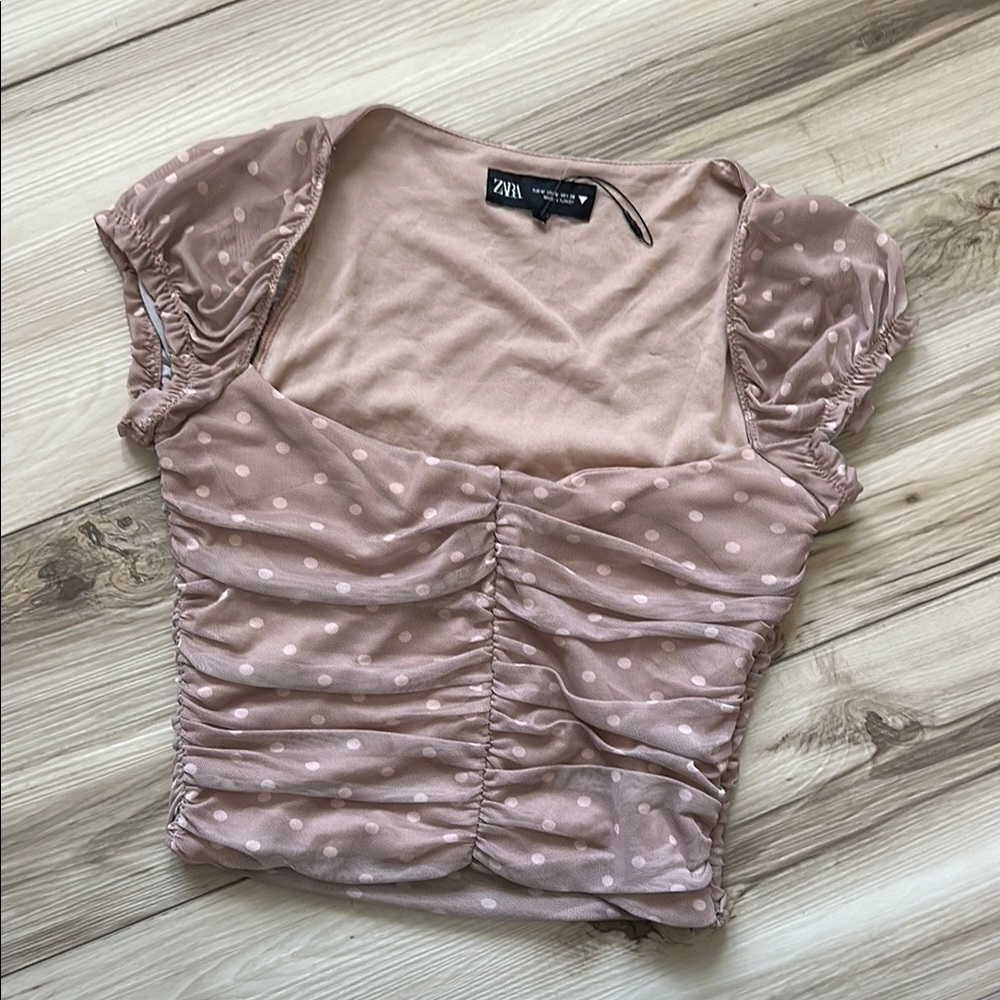 Zara Dusty Cream Puff Sleeve Ruched  Crop Blouse